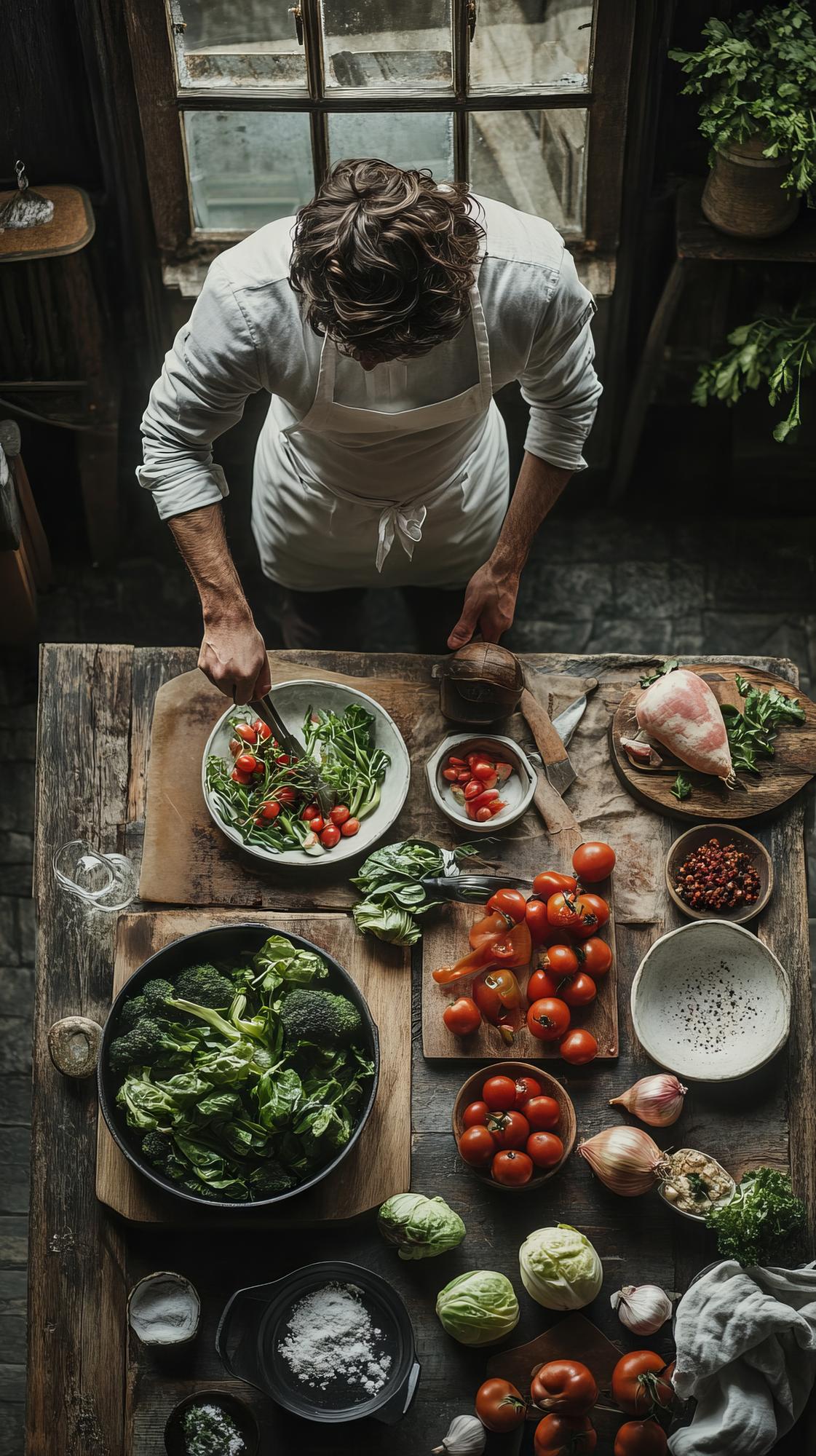 Chef arranging ingredients on a rustic table